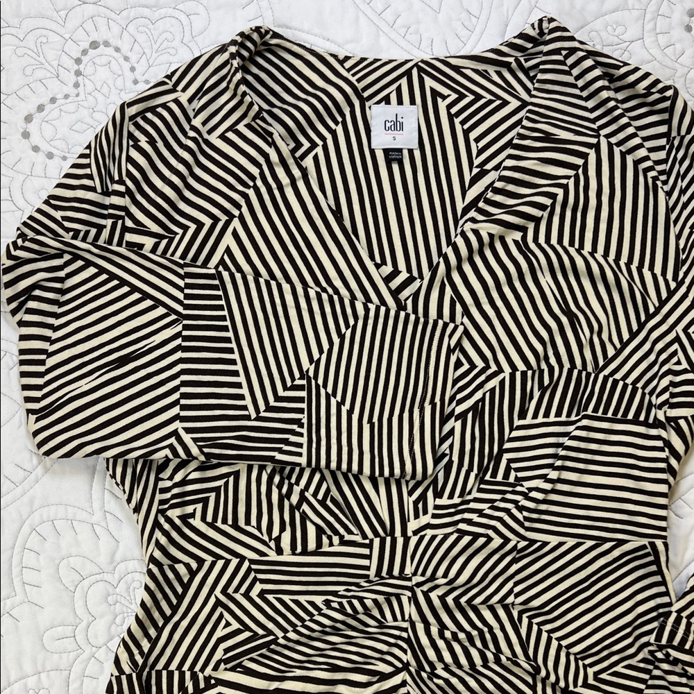 CAbi Geometric Brown Stripe V-Neck Dress - Small 3/4 Sleeves